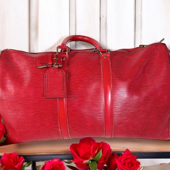 Louis Vuitton EPI Leather Keepall 50 Castilian Red w/ Luggage tag & Poingnat COA - Picture 1 of 16